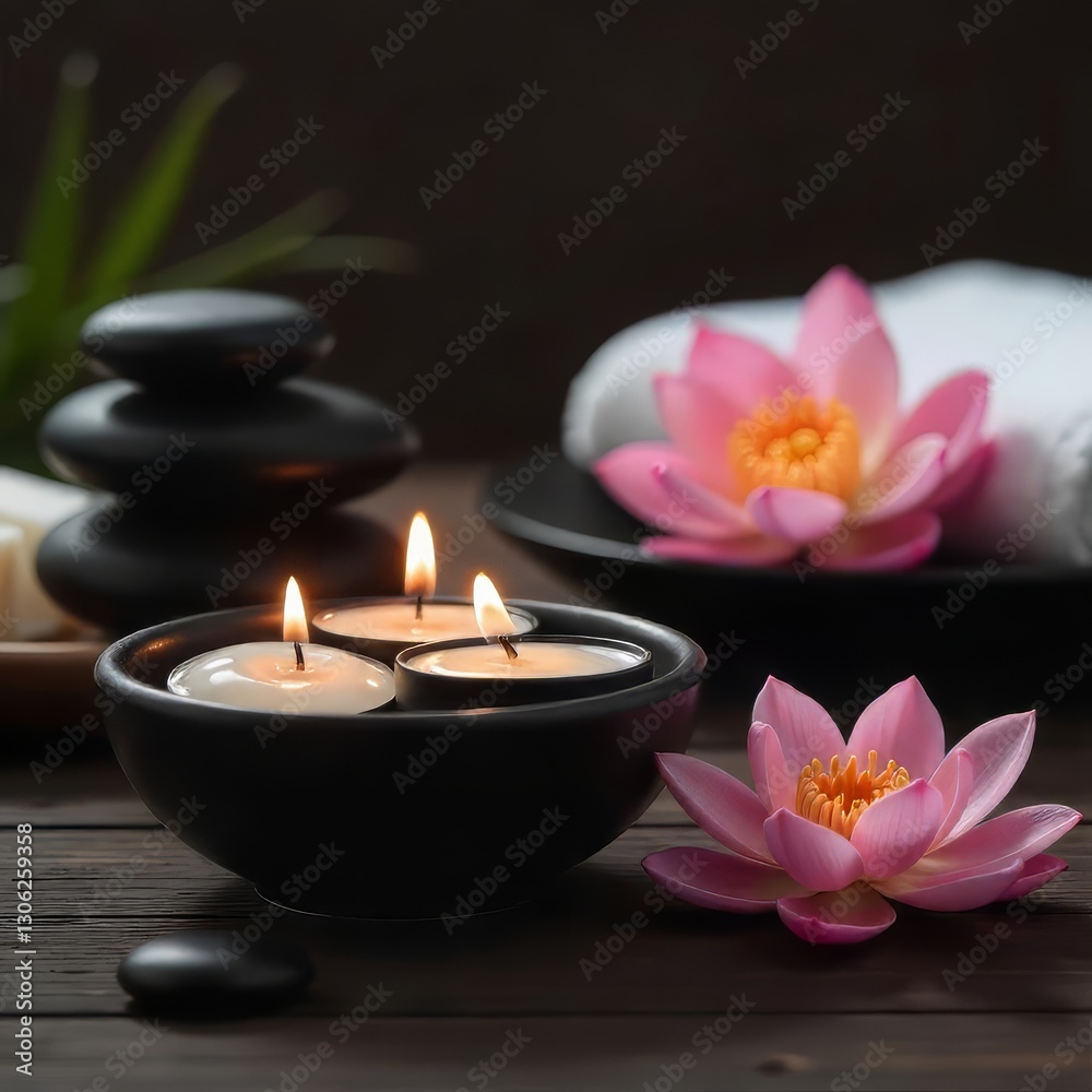 Candles Floating in Bowl with Lotus Flowers and Spa Stones Candles Floating in Bowl with Lotus Flowers and Spa Stones