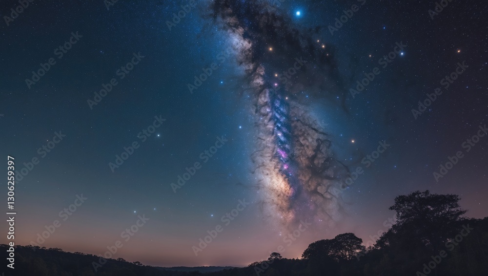 Fototapeta premium Vivid Milky Way Galaxy showcased in the night sky. The image exhibits graininess, noise, blurriness, and soft focus due to high ISO settings, long exposure, and wide aperture.