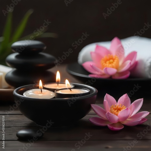 Candles Floating in Bowl with Lotus Flowers and Spa Stones