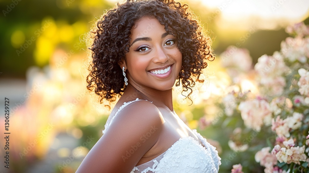 portrait of happy woman in white dress, curly hair, surrounded by blooming flowers, sun rays, golden hour, bokeh effect portrait of happy woman in white dress, curly hair, surrounded by blooming flowers, sun rays, golden hour, bokeh effect