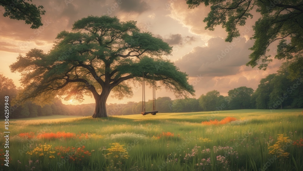 Vibrant summer meadow scene featuring a tree and a swing, hand-drawn illustration. Vibrant summer meadow scene featuring a tree and a swing, hand-drawn illustration.
