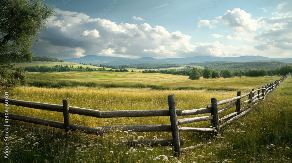 A peaceful rural scene with a wooden fence and grassy fields, leaving space for text in the upper right corner A peaceful rural scene with a wooden fence and grassy fields, leaving space for text in the upper right corner