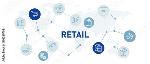 Retail icon set with illustration customer service commercial management satisfaction convenience store market stock planning development promotion distribution supply design