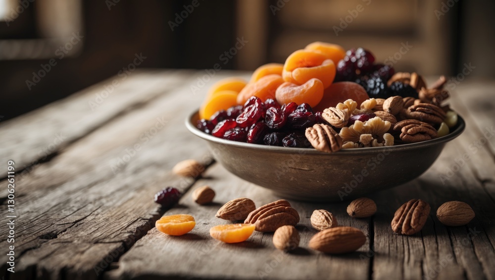 Fototapeta premium Bowl filled with dried fruits and assorted nuts on a rustic wooden surface, with a focus on select details.