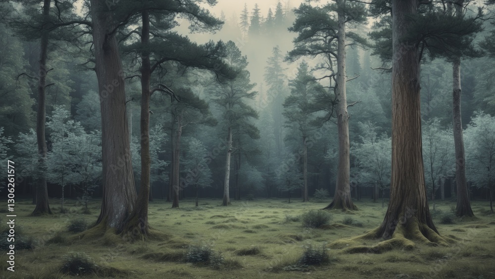 Naklejka premium a seamless flat woodland illustration ideal for textiles, wallpaper, gift wrap, and nursery decor with a charming forest design, Scandinavian-inspired greenery