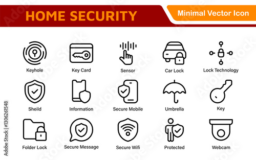 Home Security Icon Set. A comprehensive collection of icons focused on safety and protection, perfect for enhancing security apps, websites, and marketing materials aimed at home safety solutions.
