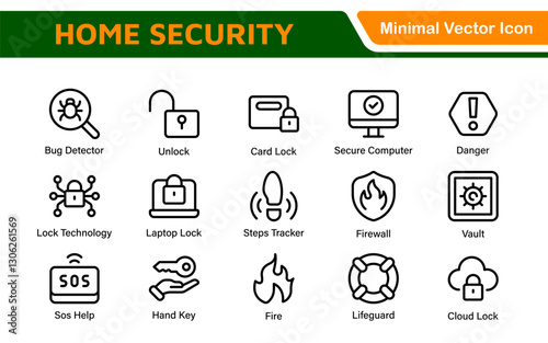 Home Security Icon Set. A comprehensive collection of icons focused on safety and protection, perfect for enhancing security apps, websites, and marketing materials aimed at home safety solutions.