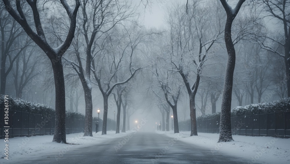 Charming snowy pathway in a city park, lined with trees whose branches are covered in snow, with a foreground softened by falling snowflakes, wintry, grey skies, and mist. Charming snowy pathway in a city park, lined with trees whose branches are covered in snow, with a foreground softened by falling snowflakes, wintry, grey skies, and mist.