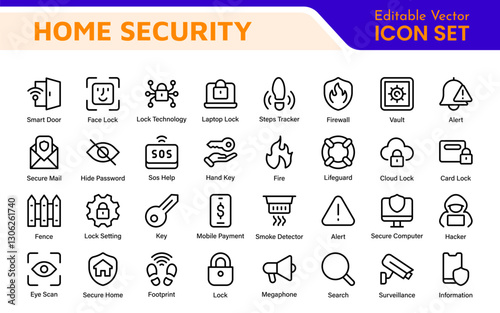 Home Security Icon Set. A comprehensive collection of icons focused on safety and protection, perfect for enhancing security apps, websites, and marketing materials aimed at home safety solutions.