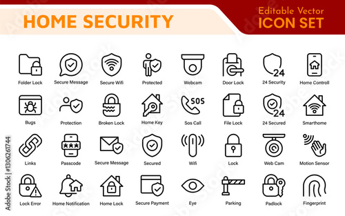 Home Security Icon Set. A comprehensive collection of icons focused on safety and protection, perfect for enhancing security apps, websites, and marketing materials aimed at home safety solutions.
