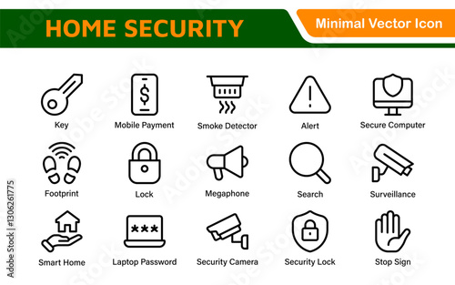Home Security Icon Set. A comprehensive collection of icons focused on safety and protection, perfect for enhancing security apps, websites, and marketing materials aimed at home safety solutions.