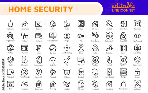 Home Security Icon Set. A comprehensive collection of icons focused on safety and protection, perfect for enhancing security apps, websites, and marketing materials aimed at home safety solutions.