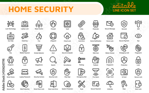 Home Security Icon Set. A comprehensive collection of icons focused on safety and protection, perfect for enhancing security apps, websites, and marketing materials aimed at home safety solutions.