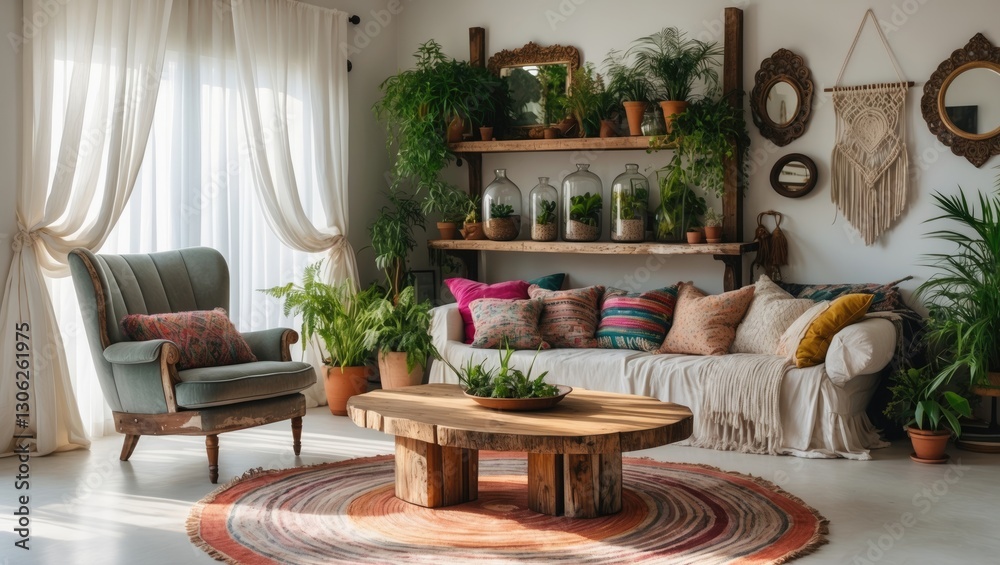 Obraz premium Eclectic bohemian-style living area featuring a window and decor elements, such as a comfy sofa, an armchair, a plant shelf, a round rug, vintage wall art, and a coffee table.