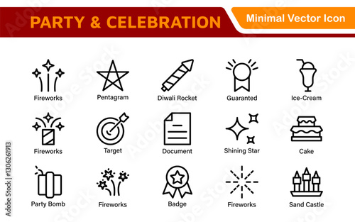 Celebration and Party Icons. Vector Icons for Birthdays, Holidays, Festivals, Fireworks, and Event Decorations