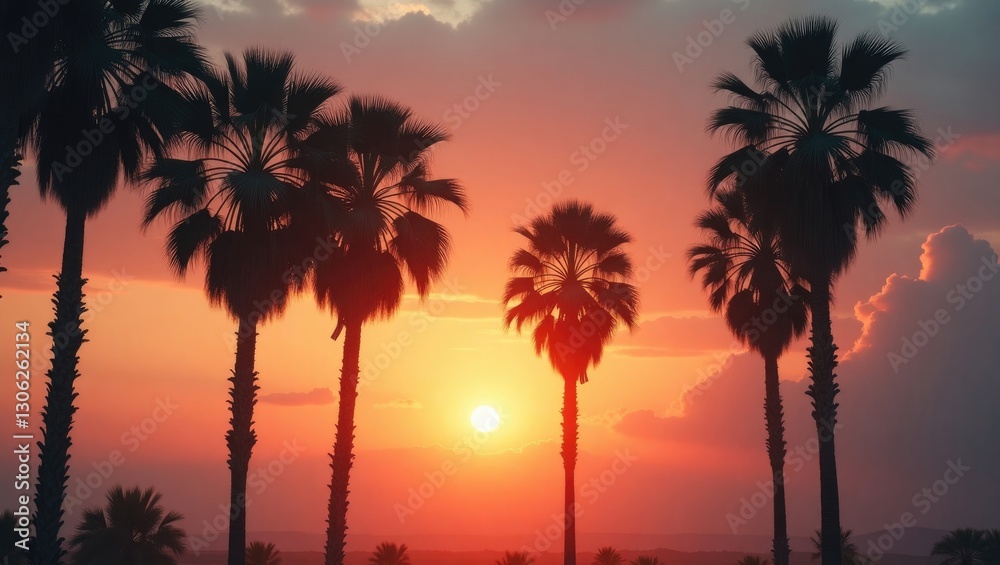 Obraz premium Palm trees silhouetted against a vibrant sunset with clouds.
