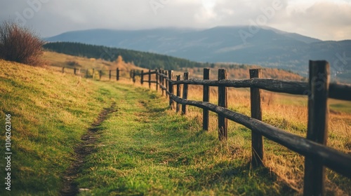 Wallpaper Mural A peaceful wooden fence along a grassy pasture, with space for text in the corner, encapsulating the essence of farm life simplicity Torontodigital.ca