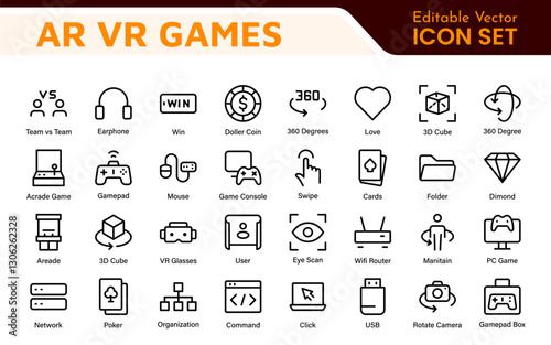 AR VR Games Icons Collection. Vector-Based Icons for Virtual Reality, Augmented Reality, Gaming, and Immersive Tech