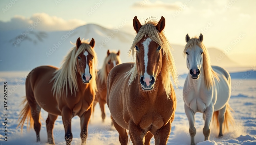 Obraz premium Majestic Icelandic horses in a winter landscape, Iceland