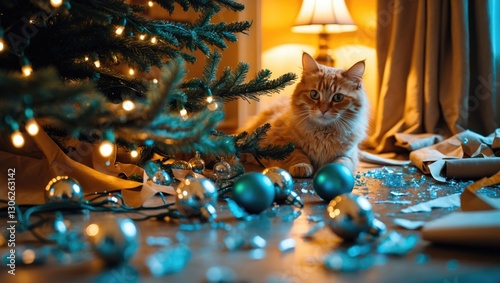 Ginger cat hides behind a fallen Christmas tree, with broken ornaments scattered around and remnants of the holiday aftermath.