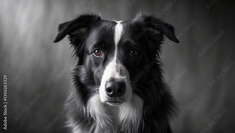 Fototapeta premium Monochrome image of a border collie gazing at the camera with a soft background.
