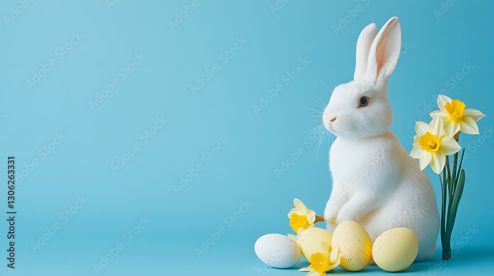 Obraz premium easter card, easter bunny with eggs, easter eggs and flowers, easter eggs in a basket, easter eggs and flowers on a white background, easter wall paper and background for social media 