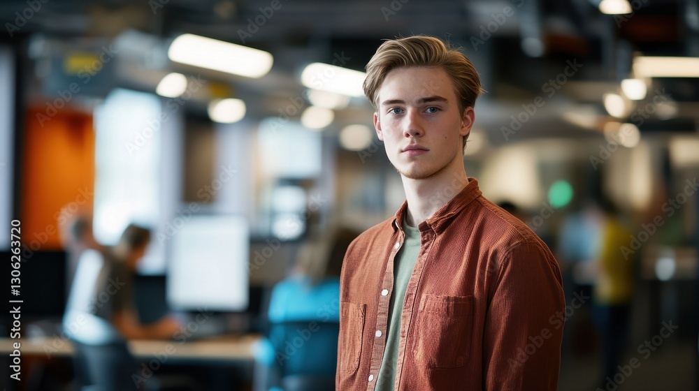 Fototapeta premium A young casual man stands confidently in a modern workspace. His thoughtful expression and relaxed attire highlight the blend of professionalism and comfort in a contemporary office environment.