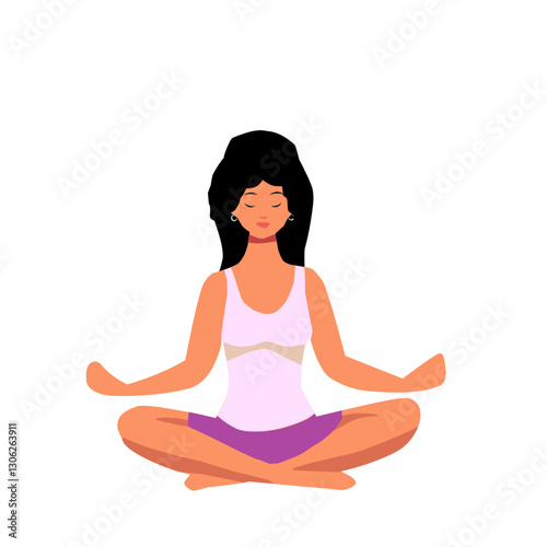 Illustration of a woman practicing yoga in a lotus position with a calm and relaxed expression. Concept of meditation, mindfulness, relaxation, and healthy lifestyle