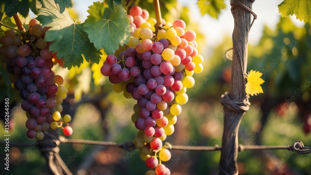 Detailed view of a Developing cluster of grapes on vines within a vineyard. Wine cultivation. Farming. Detailed view of a Developing cluster of grapes on vines within a vineyard. Wine cultivation. Farming.