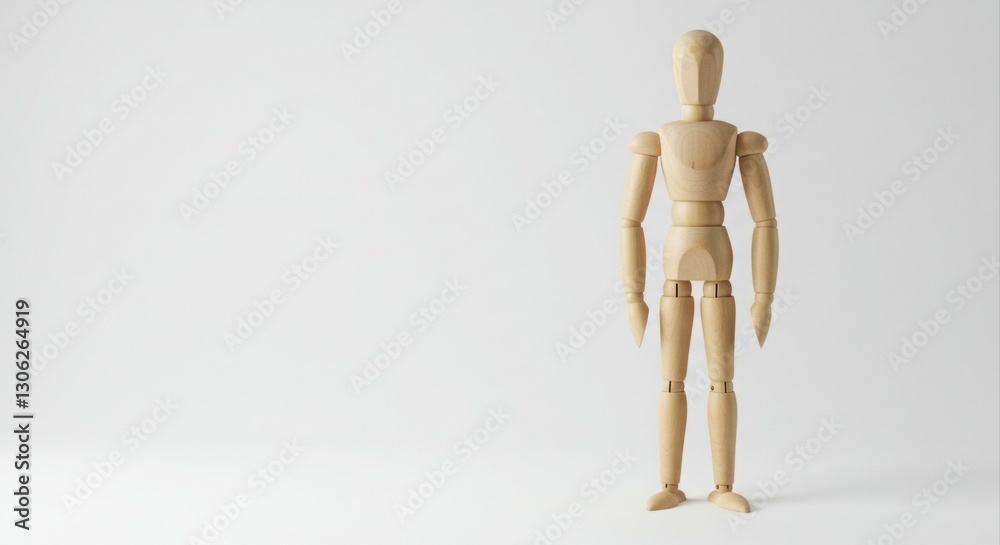 Wooden mannequin figure stands against white. Wooden mannequin figure stands against white.