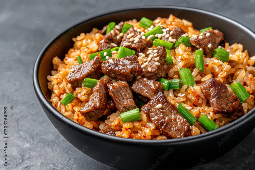 Spicy beef stir fry with rice, garnished with sesame seeds and green onions in black bowl Spicy beef stir fry with rice, garnished with sesame seeds and green onions in black bowl