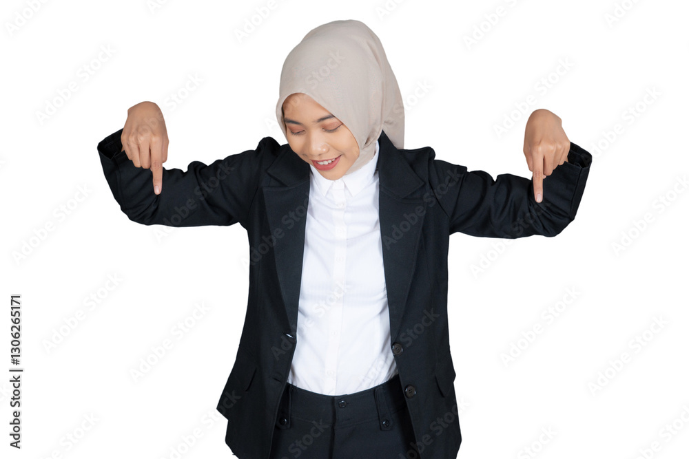 Portrait of Young Businesswoman in a Hijab Pointing Down isolated transparent Portrait of Young Businesswoman in a Hijab Pointing Down isolated transparent