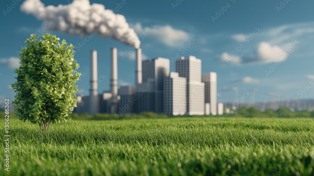 single green tree stands resilient grassy field with factory emitting smoke background, symbolizing environmental challenges single green tree stands resilient grassy field with factory emitting smoke background, symbolizing environmental challenges