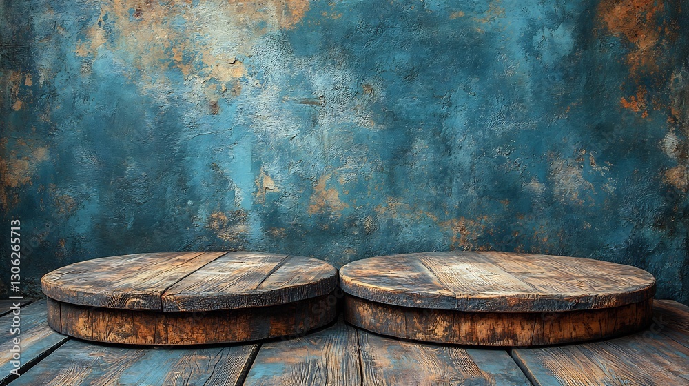 Fototapeta premium Rustic wooden platforms elegantly arranged against a textured teal backdrop. AI Generated