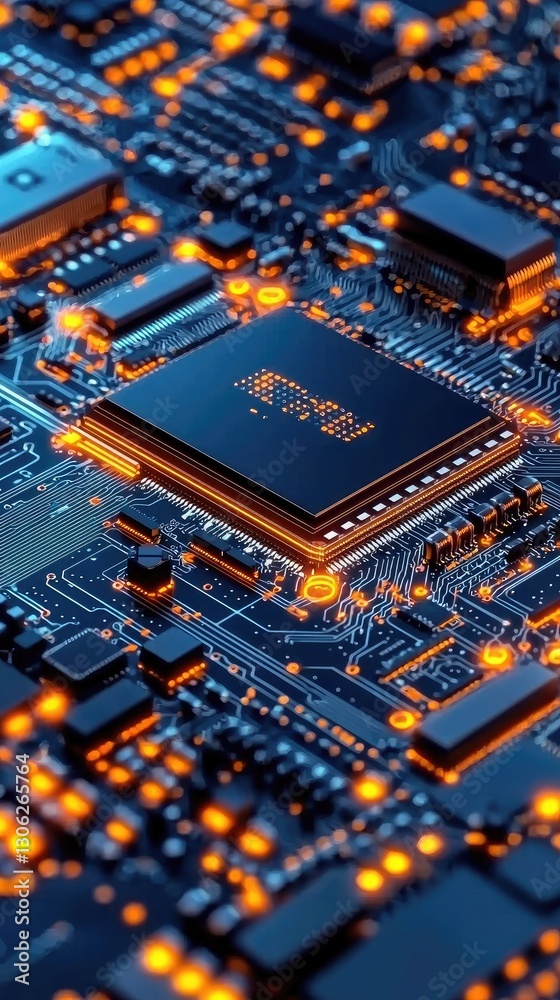 Fototapeta premium Close-up CPU on circuit board, glowing components, tech background, for tech articles