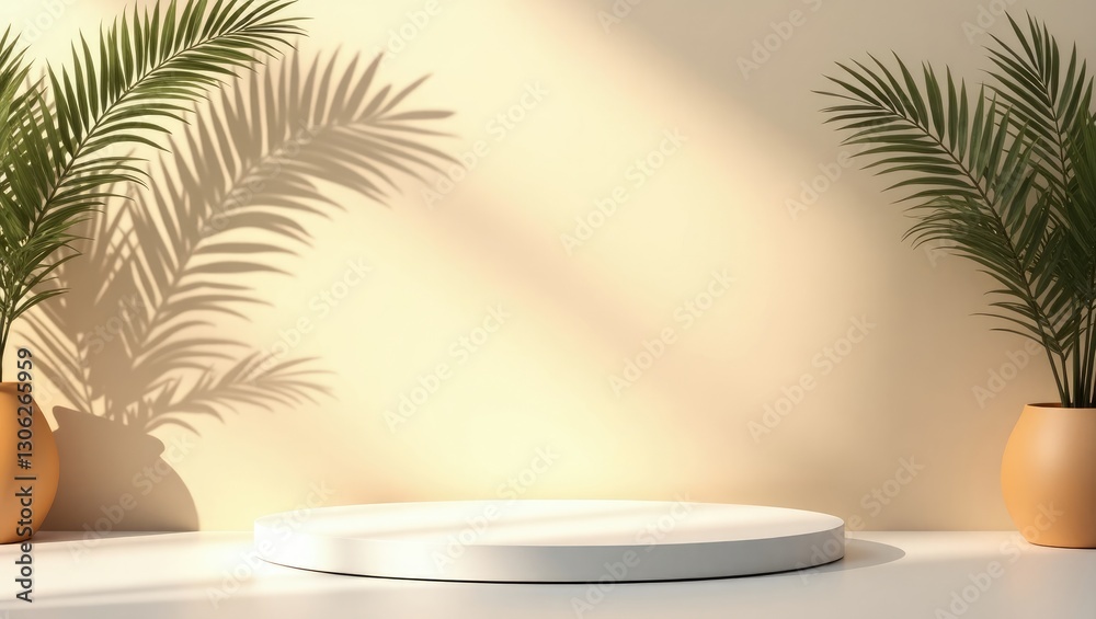 Tropical summer-themed backdrop for product placement featuring a textured wall with palm shadows. Stylish blend of architecture and interior design, with a mock-up platform for showcasing products. Tropical summer-themed backdrop for product placement featuring a textured wall with palm shadows. Stylish blend of architecture and interior design, with a mock-up platform for showcasing products.
