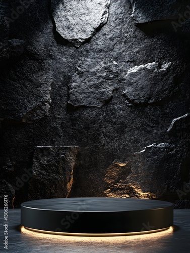 A round pedestal sits on a textured stone surface, illuminated by soft light from beneath. The dark, rugged backdrop enhances the minimalist and dramatic ambiance of the setting.