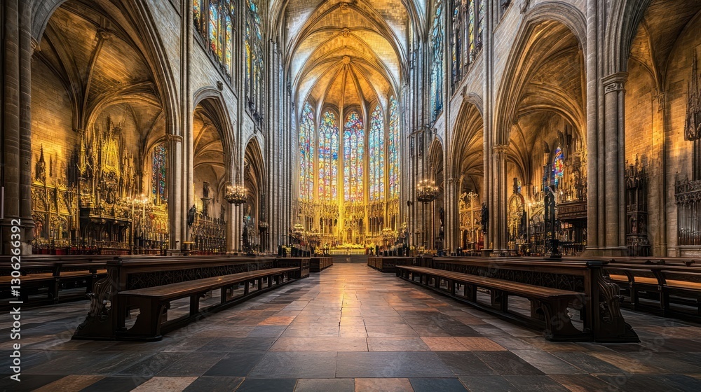 Fototapeta premium Magnificent Interior of a Gothic Cathedral: A Symphony in Stone and Light