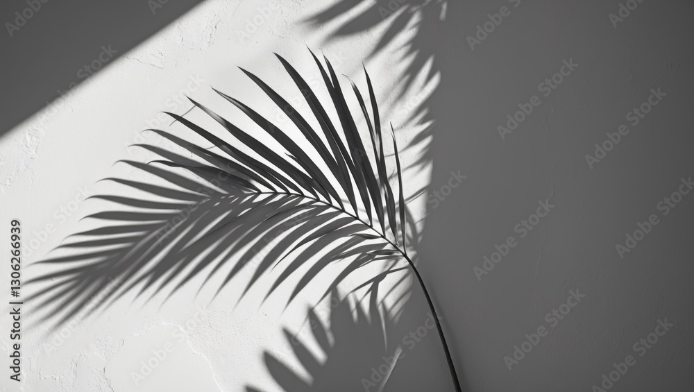Fototapeta premium Silhouette of a palm leaf casting a shadow in an abstract design against a white wall background, featuring unoccupied space.