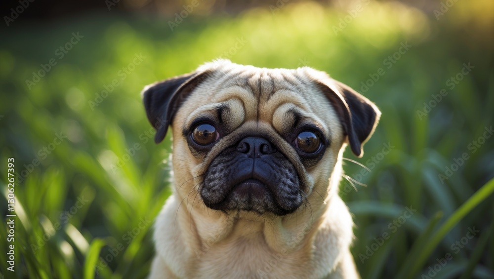 Pug Portrait on Lush Garden Grass Pug Portrait on Lush Garden Grass