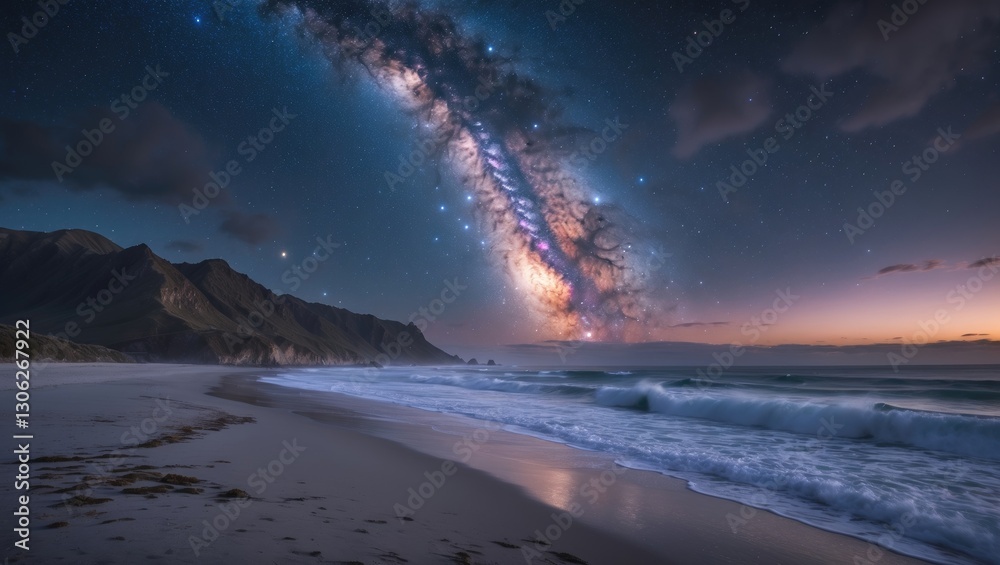 Stunning Image of the Milky Way's Galactic Core. Captured at Wharariki Beach, New Zealand. Long Exposure Astrophotography of Stars.