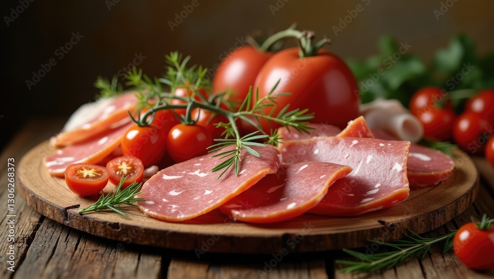 Detailed view of finger foods on a round wooden platter featuring an assortment of sliced cured meats, garnished with fresh tomatoes and herbs, prepared for a dinner gathering. Detailed view of finger foods on a round wooden platter featuring an assortment of sliced cured meats, garnished with fresh tomatoes and herbs, prepared for a dinner gathering.