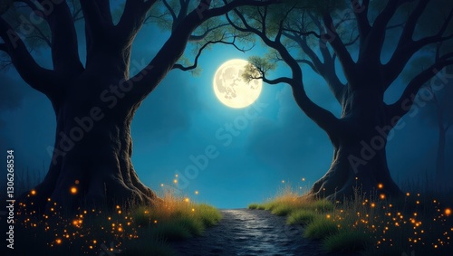 Envision a luminous moon illuminating a magical, nighttime forest reminiscent of a fairy tale.