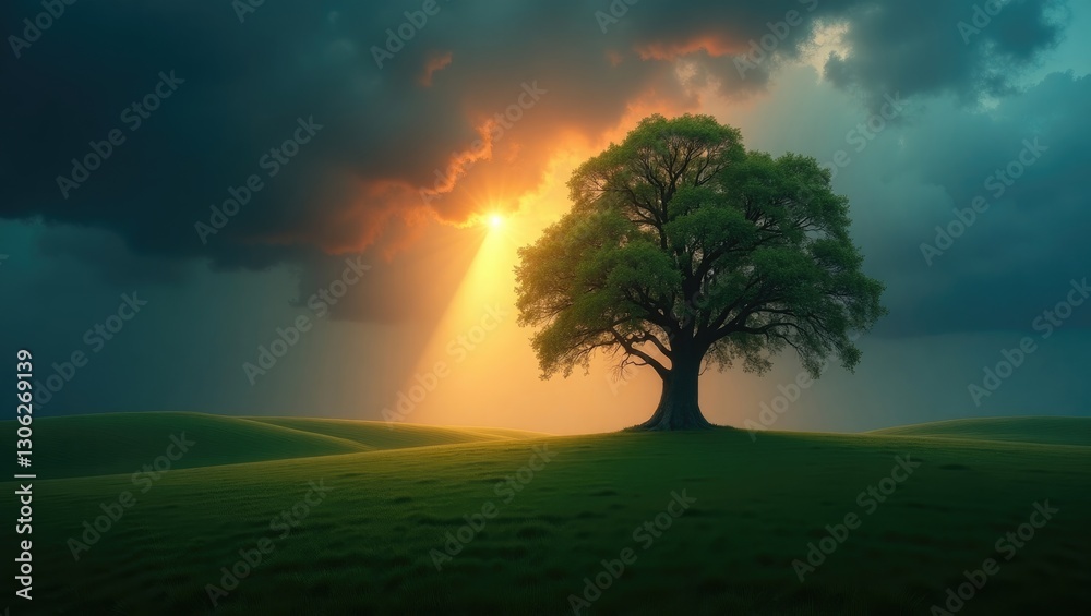 Obraz premium As evening falls, a beam of light breaks through the striking sky and illuminates a solitary oak tree.