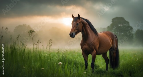 Majestic horse standing in a lush green meadow