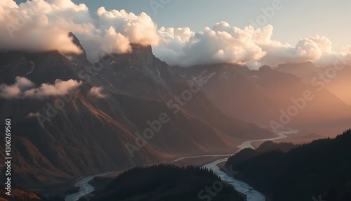Majestic Mountain Range at Sunset with Winding River photo