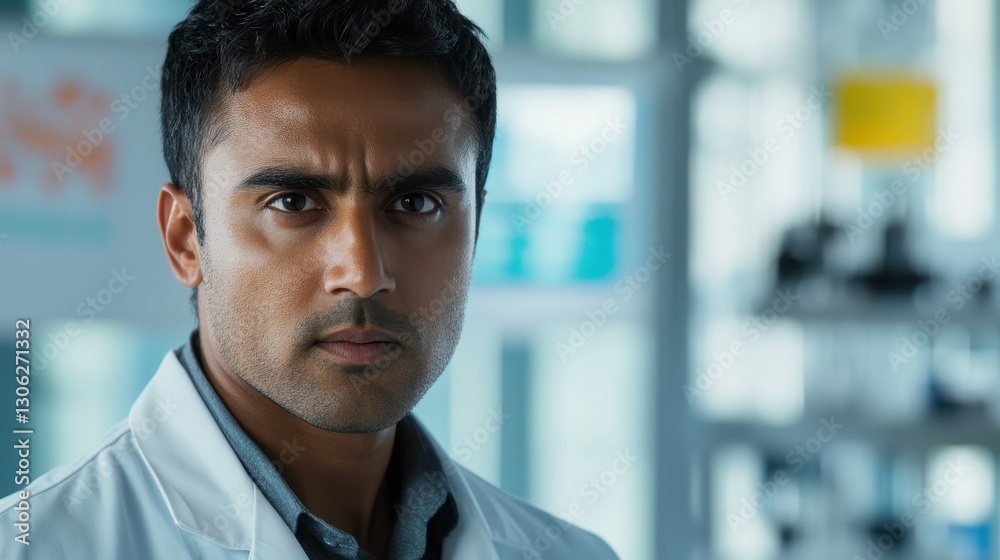 Obraz premium A serious South Asian man in his thirties wearing a lab coat. He is focused and confident, standing in a laboratory setting, embodying professionalism in science.