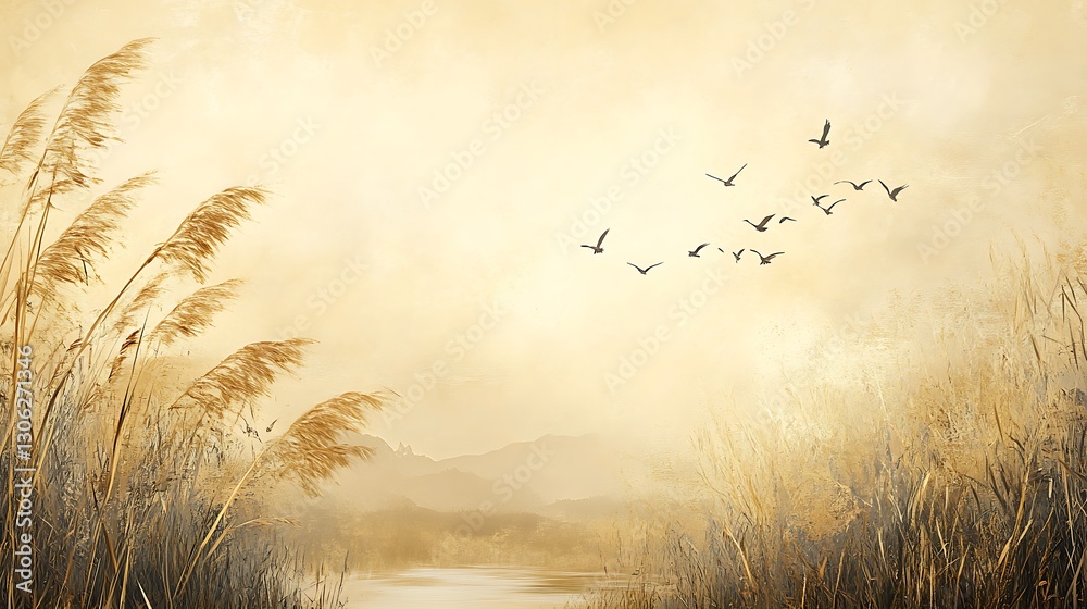 Obraz premium Serene Landscape with Flying Birds, A serene landscape featuring tall grass and a soft, muted background