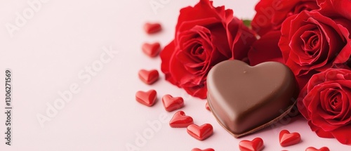 A romantic arrangement of red roses and heart-shaped chocolates on a soft background, perfect for expressing love and affection.