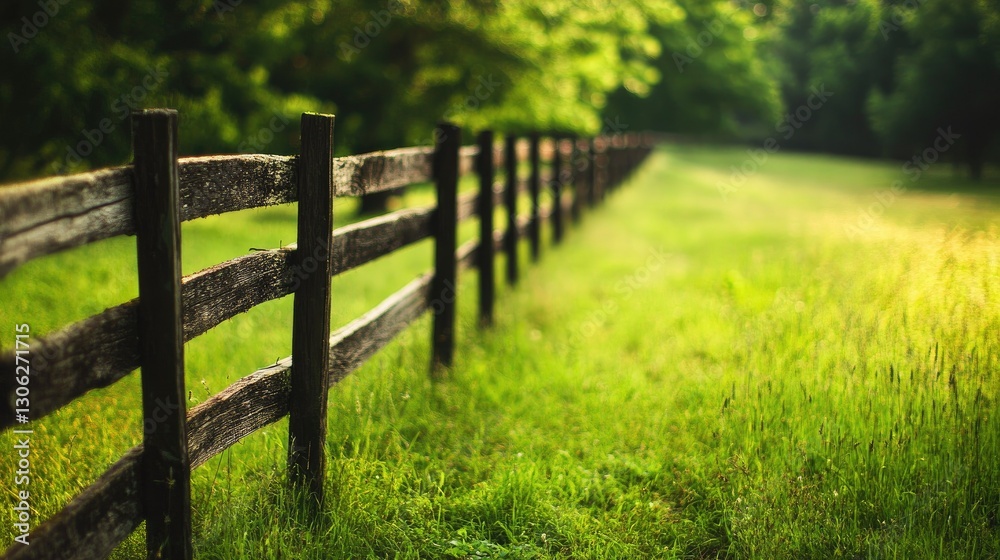 A rustic wooden fence along a grassy field, with space for text in the upper right corner, showcasing the simplicity of farm life A rustic wooden fence along a grassy field, with space for text in the upper right corner, showcasing the simplicity of farm life